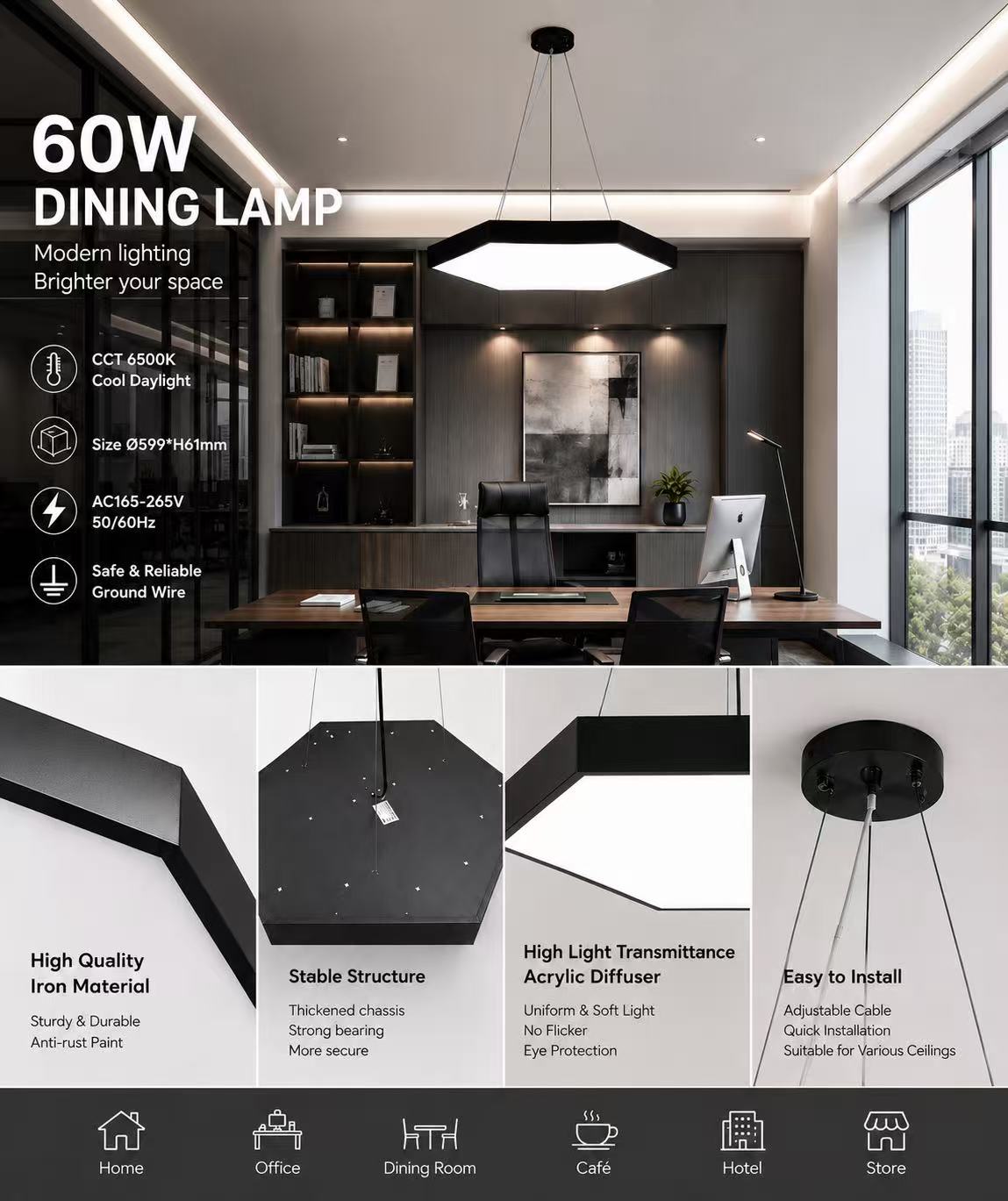 60W Modern Hexagon LED Pendant Dining Lamp – Matte Black - Image 3