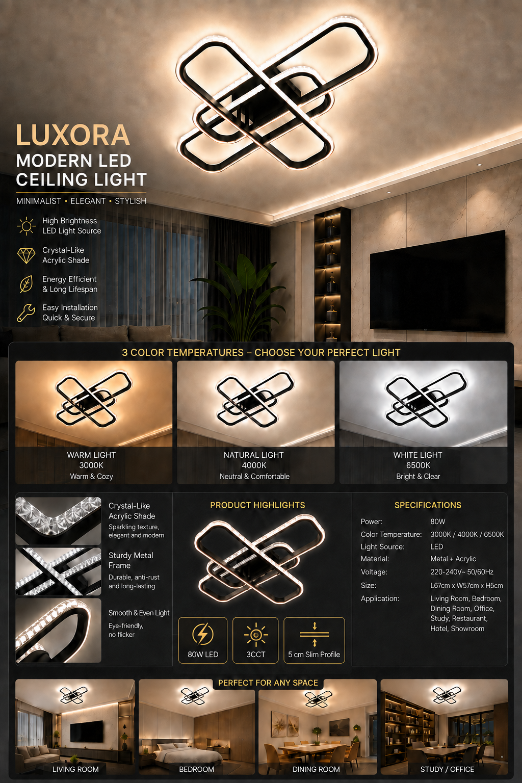 Luxora Modern 80W LED Flush Mount Ceiling Light (3 Color Temperature) - Image 5