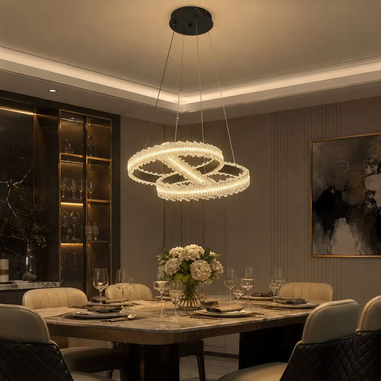 Modern 3CCT Acrylic Triple-Ring LED Pendant Light–Black - Image 3
