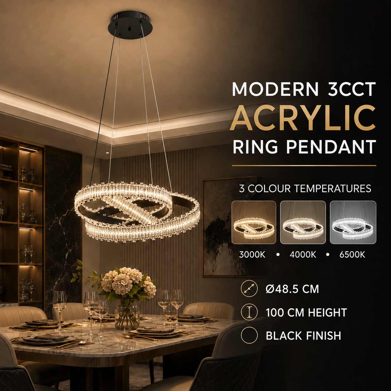 Modern 3CCT Acrylic Triple-Ring LED Pendant Light–Black - Image 5
