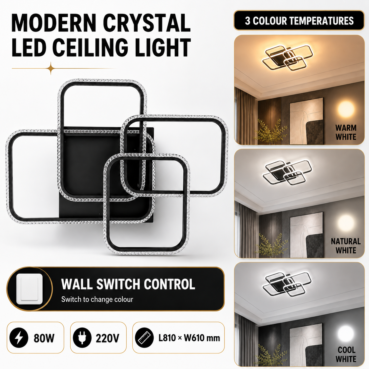 Modern Crystal 3-Tier Rectangular 80W 3CCT LED Ceiling Light – Black - Image 6