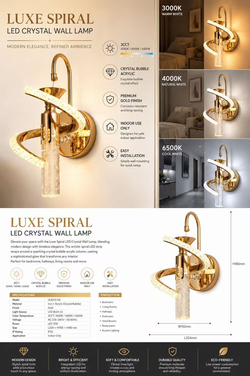 Luxe Spiral 12W 3CCT LED Crystal Wall Lamp–Gold - Image 5