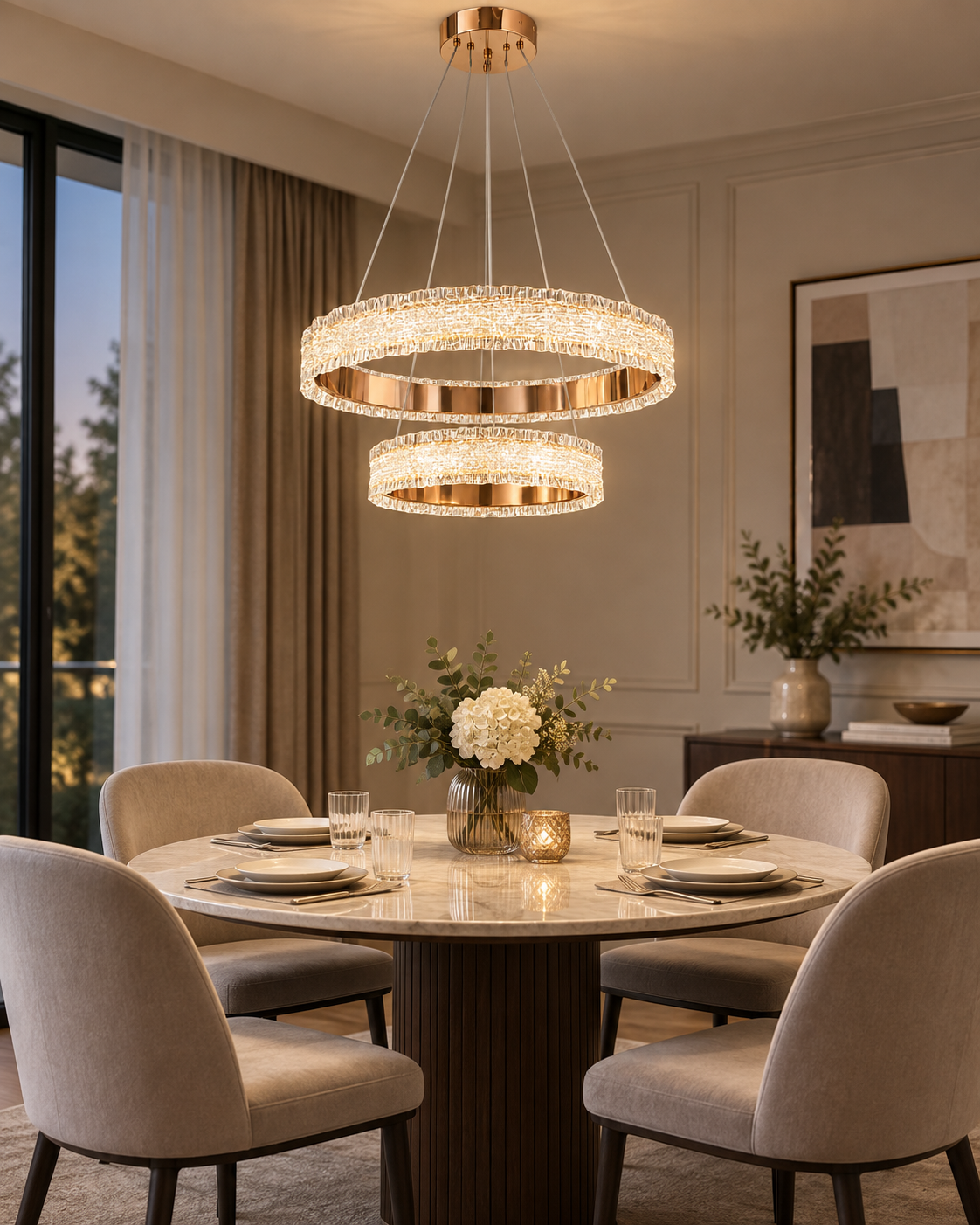 Luxury Rose Gold 2-Ring 100W 3CCT Crystal LED Pendant Chandelier - Image 2