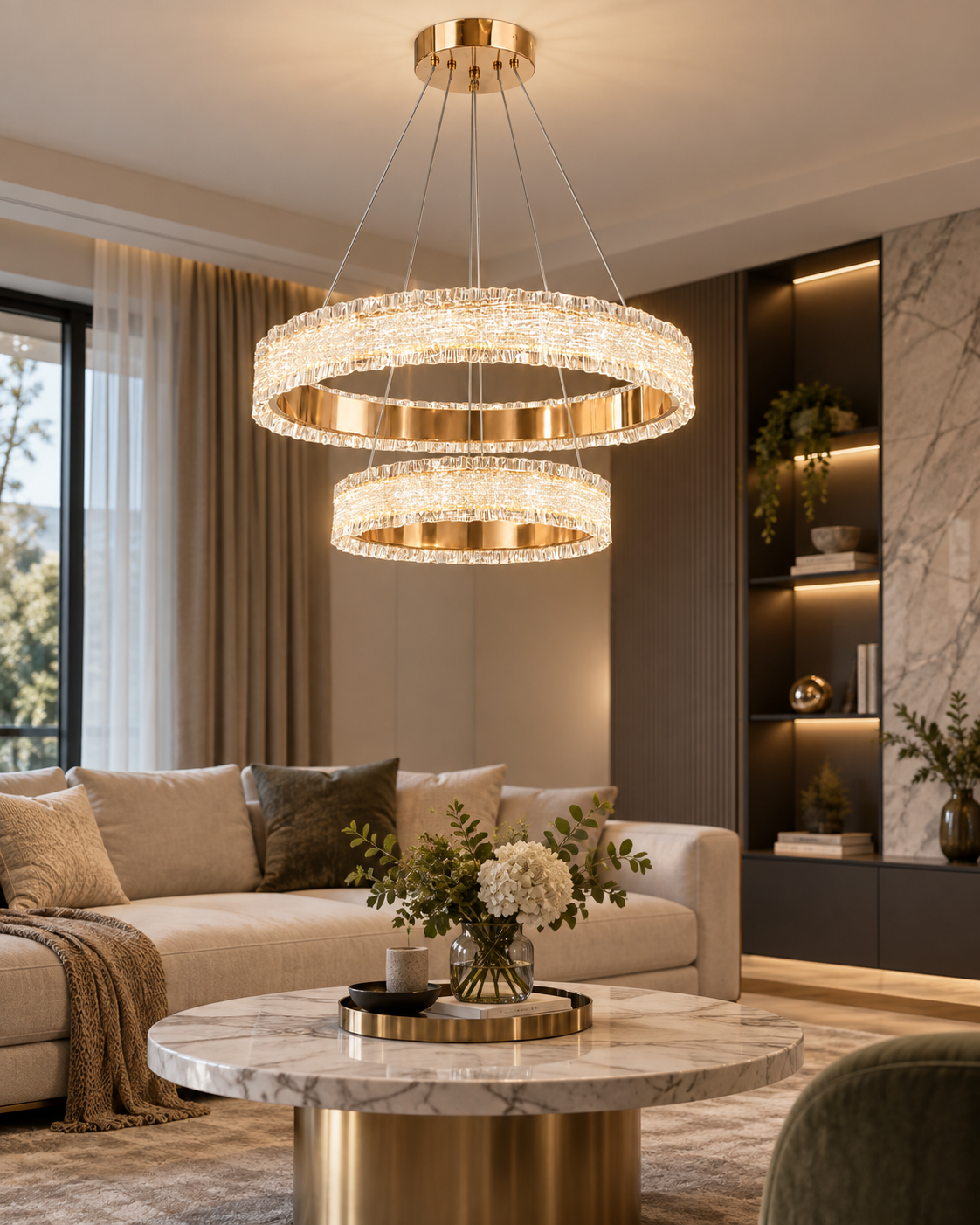 Luxury Rose Gold 2-Ring 100W 3CCT Crystal LED Pendant Chandelier - Image 3
