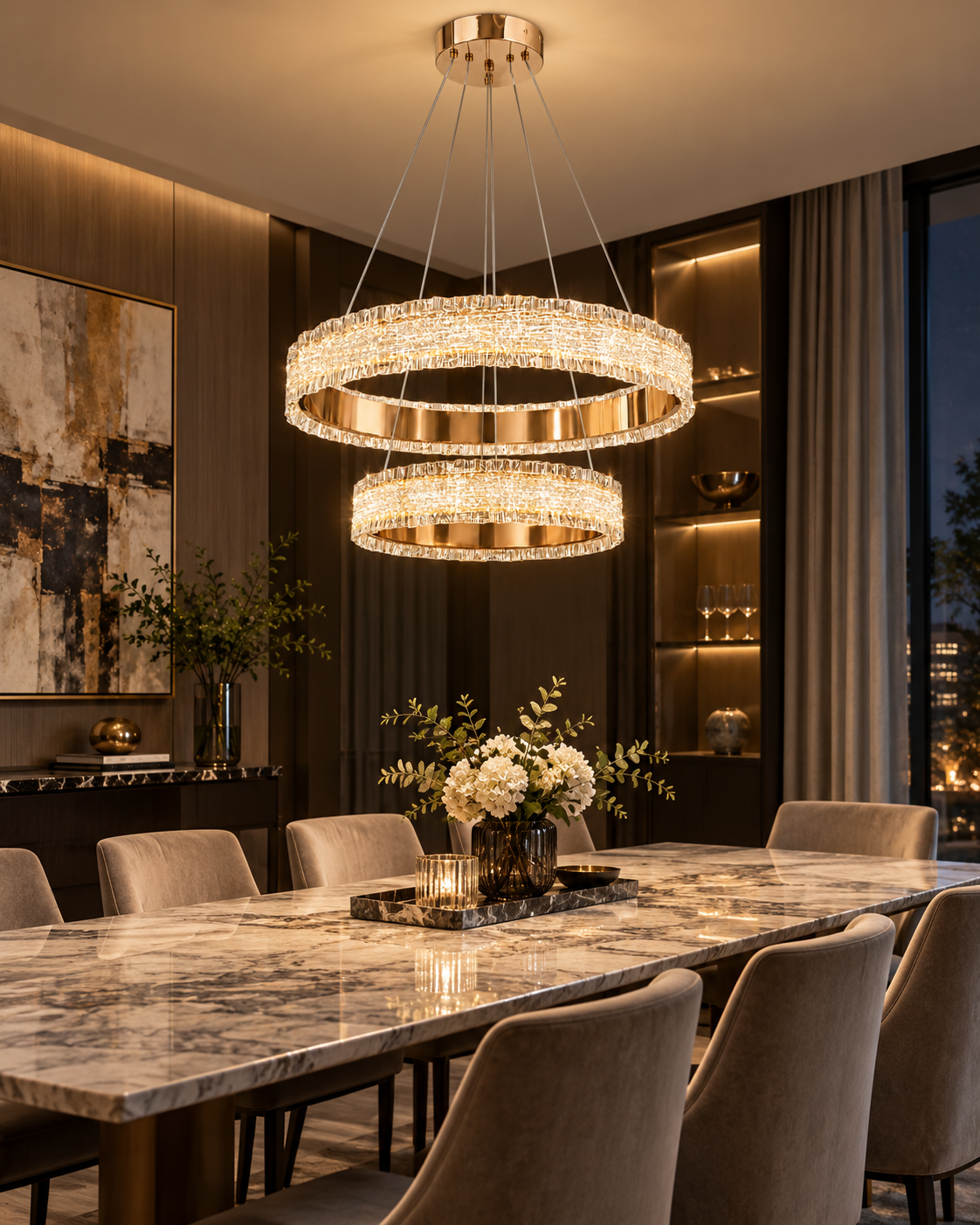 Luxury Rose Gold 2-Ring 100W 3CCT Crystal LED Pendant Chandelier - Image 4
