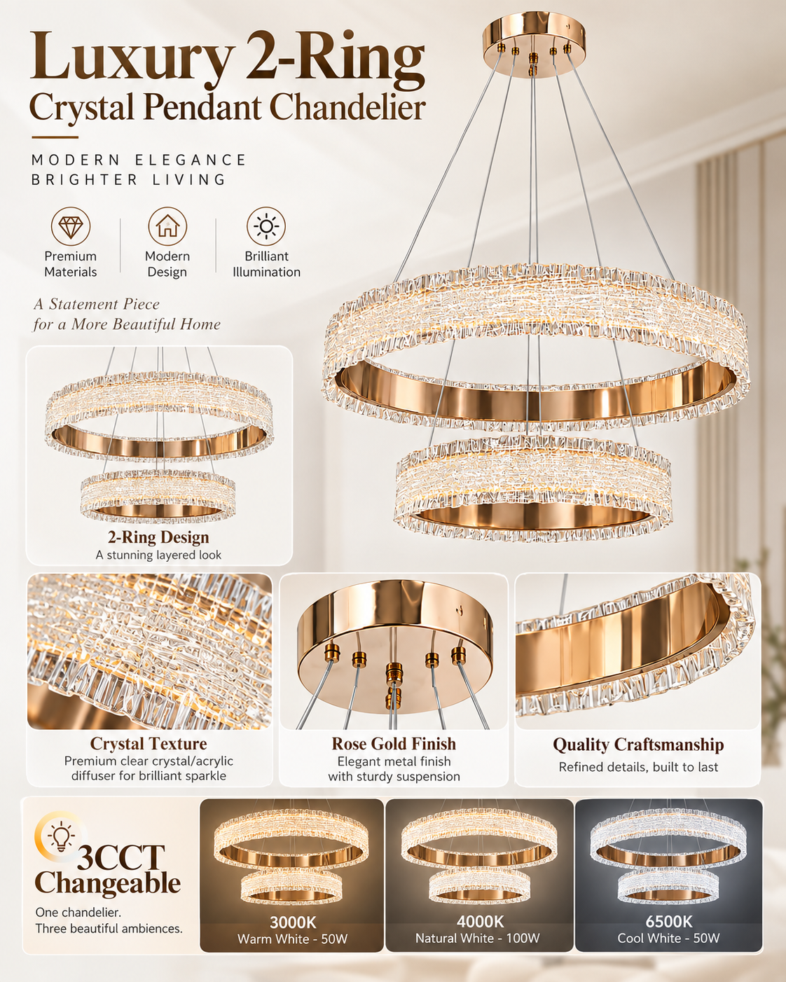 Luxury Rose Gold 2-Ring 100W 3CCT Crystal LED Pendant Chandelier - Image 5
