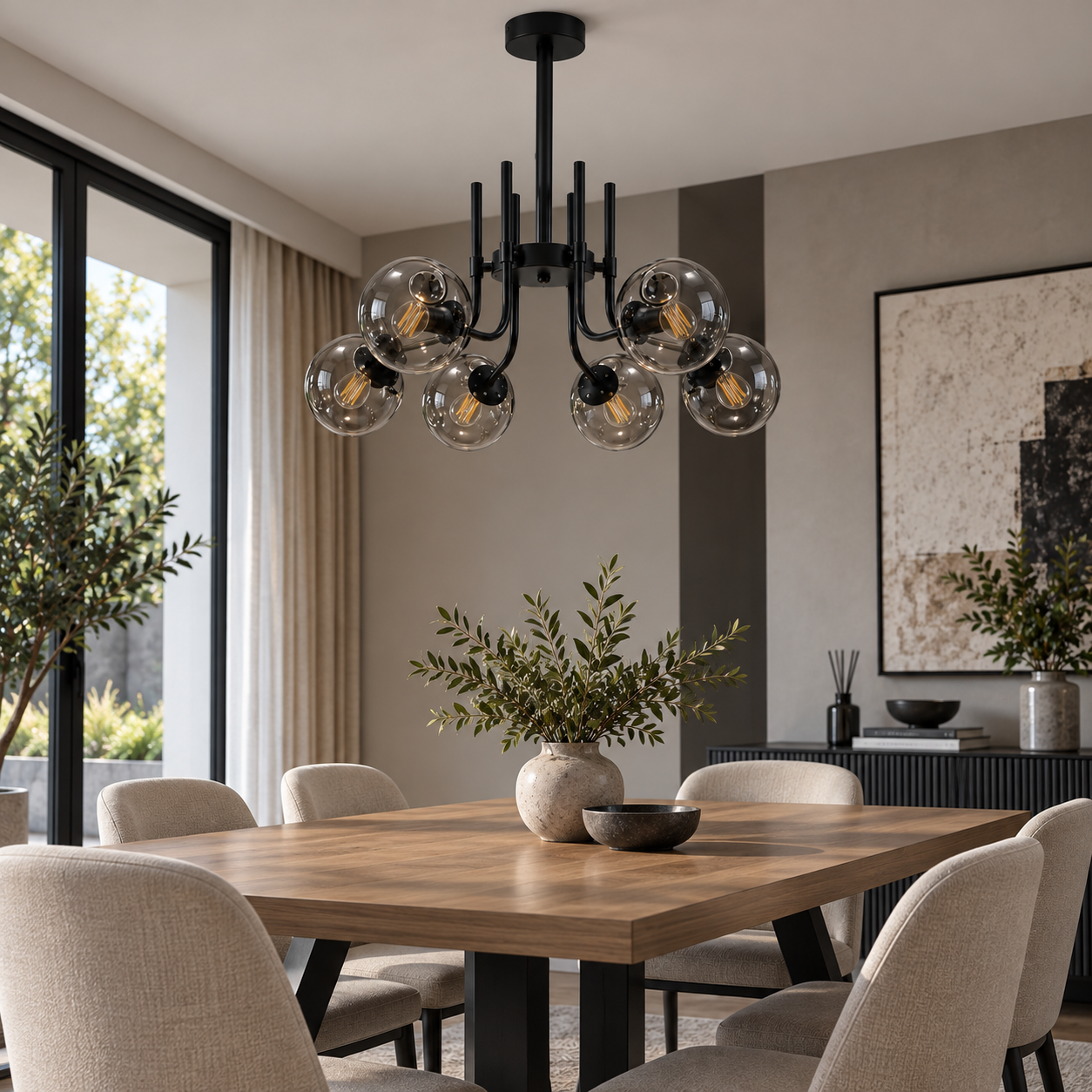 Matte Black Metal Frame + Smoked Glass Globe Shades 6-Light Chandelier - Image 2