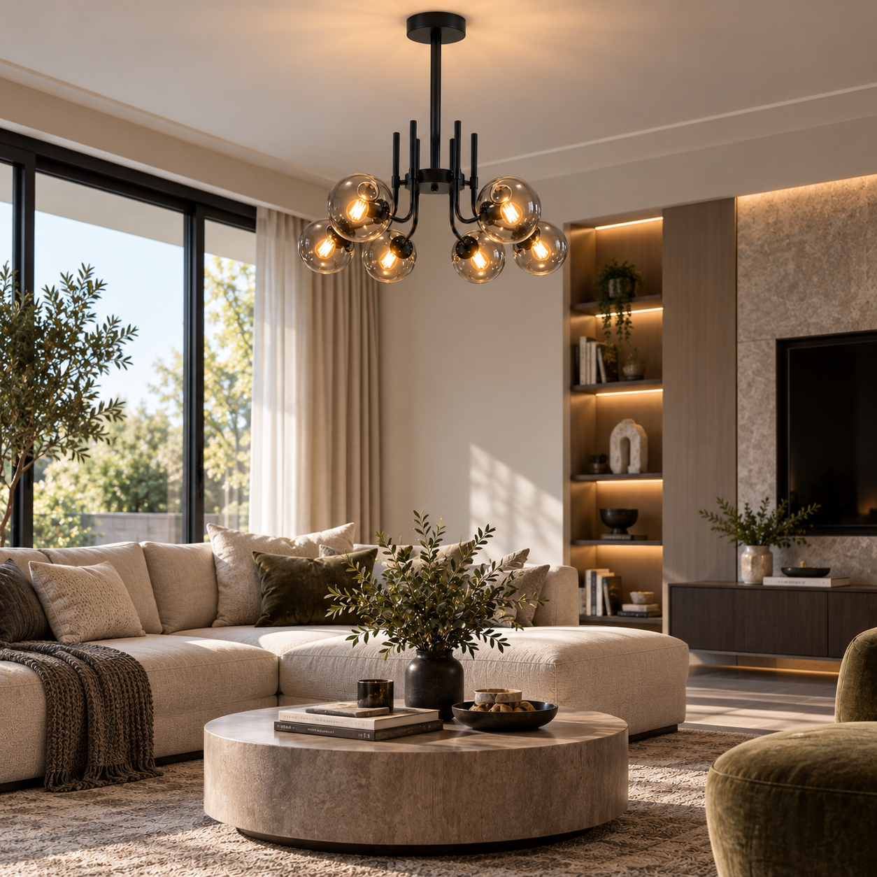 Matte Black Metal Frame + Smoked Glass Globe Shades 6-Light Chandelier - Image 3