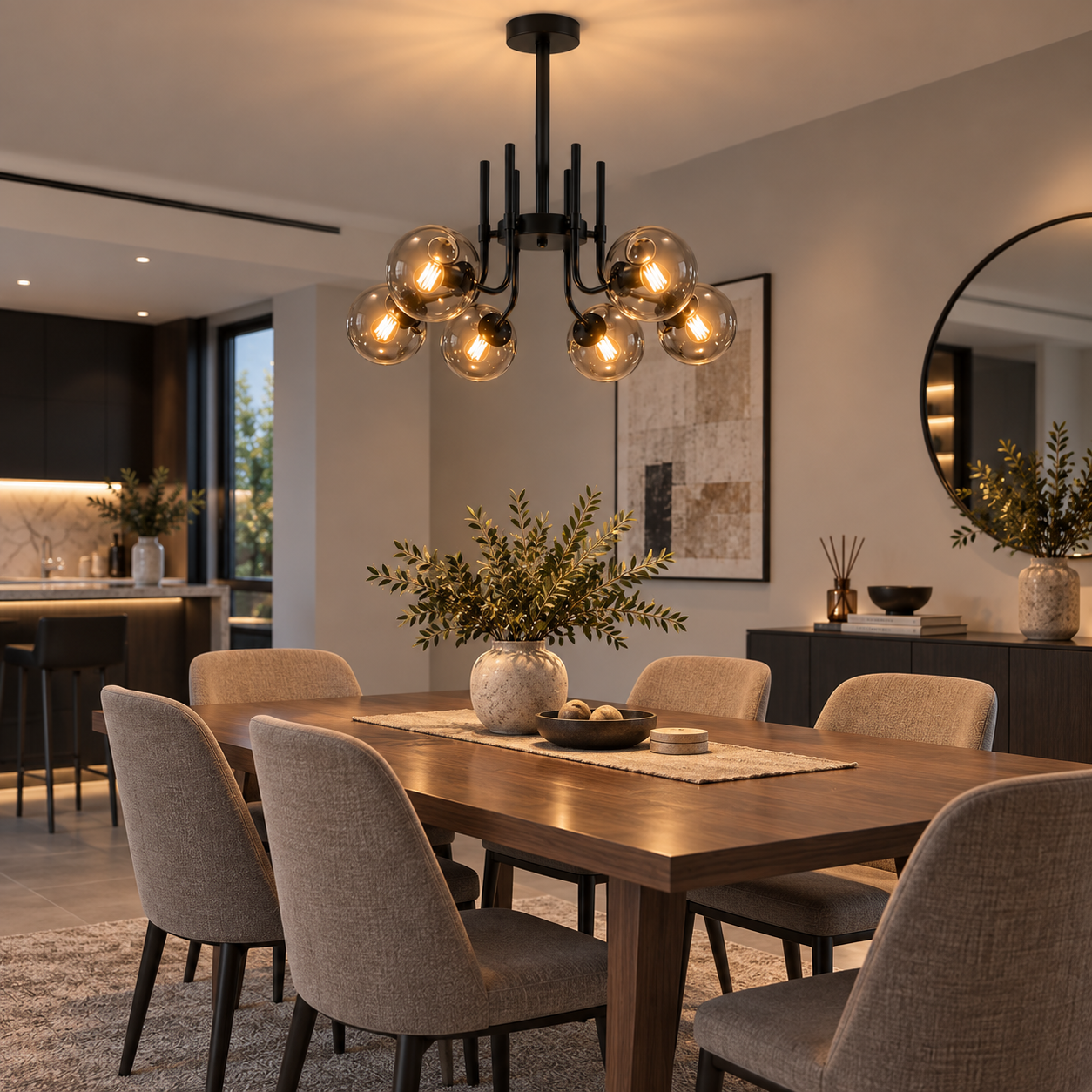Matte Black Metal Frame + Smoked Glass Globe Shades 6-Light Chandelier - Image 4