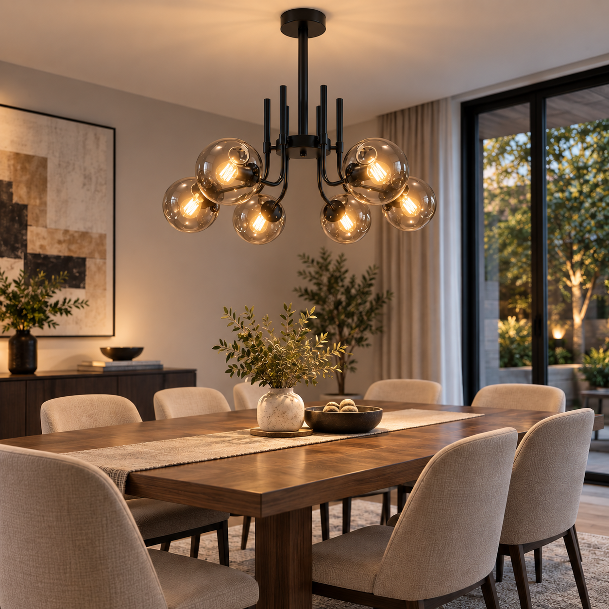 Matte Black Metal Frame + Smoked Glass Globe Shades 6-Light Chandelier - Image 5