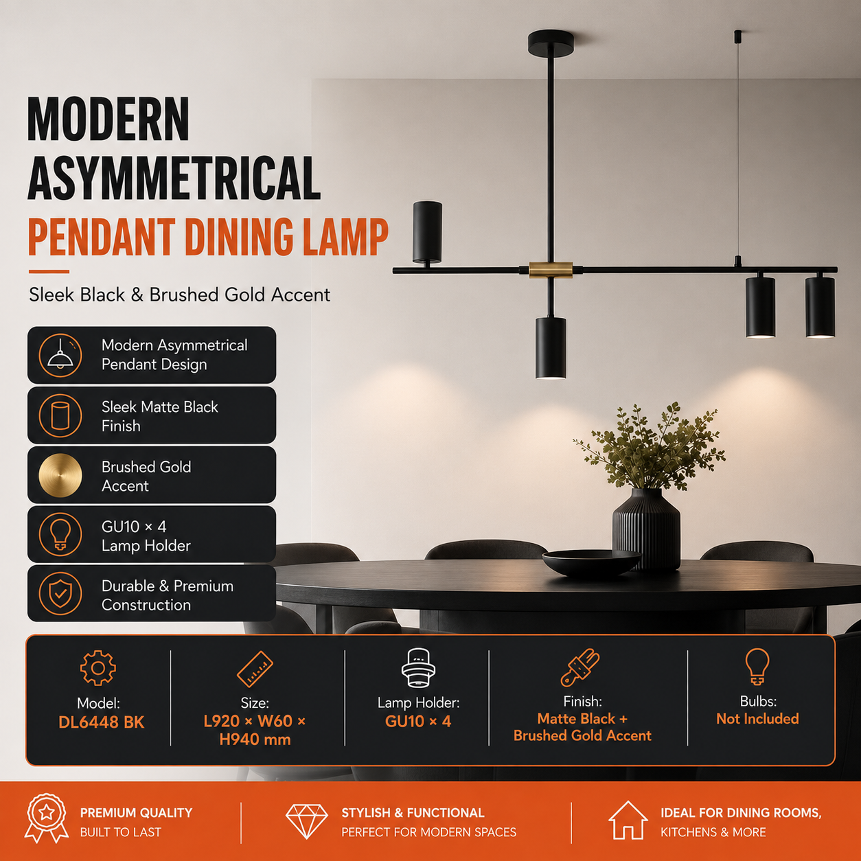 Modern Asymmetrical 4-Light GU10 Pendant Dining Lamp–Matte Black & Gold - Image 5