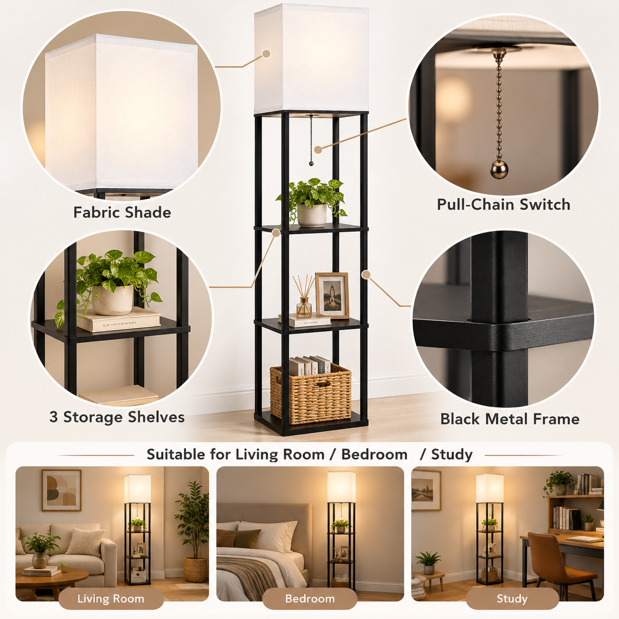 Modern Black Aluminium 3-Tier Shelf Floor Lamp with White Fabric Shade – E27 – 158cm - Image 3