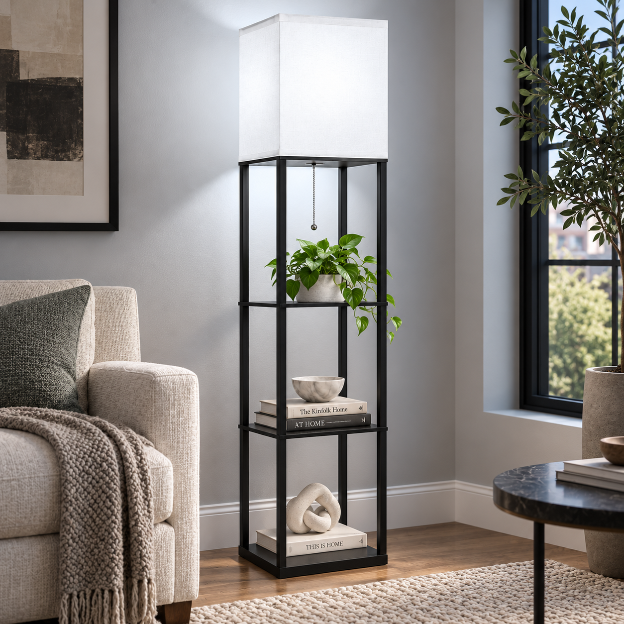 Modern Black Aluminium 3-Tier Shelf Floor Lamp with White Fabric Shade – E27 – 158cm - Image 2