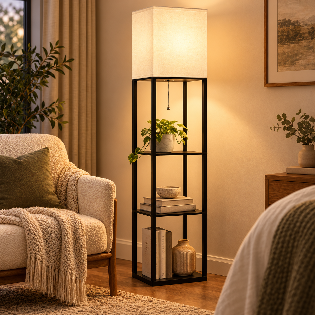 Modern Black Aluminium 3-Tier Shelf Floor Lamp with White Fabric Shade – E27 – 158cm - Image 4