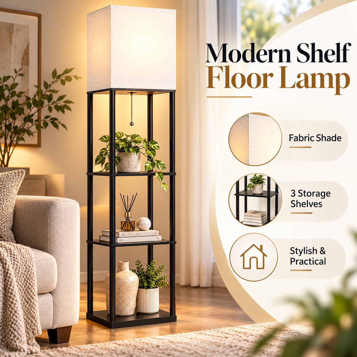 Modern Black Aluminium 3-Tier Shelf Floor Lamp with White Fabric Shade – E27 – 158cm - Image 5