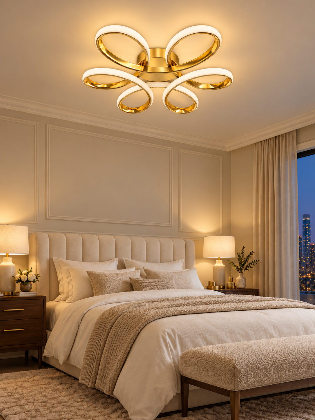 Modern gold flower LED ceiling light used in a cosy bedroom