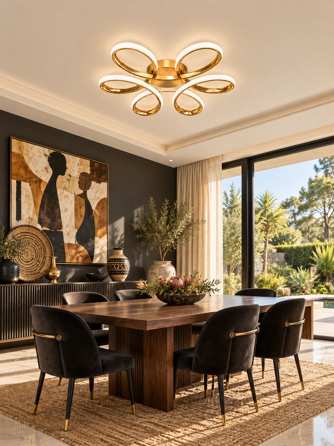 Gold six-loop LED ceiling light in contemporary dining room