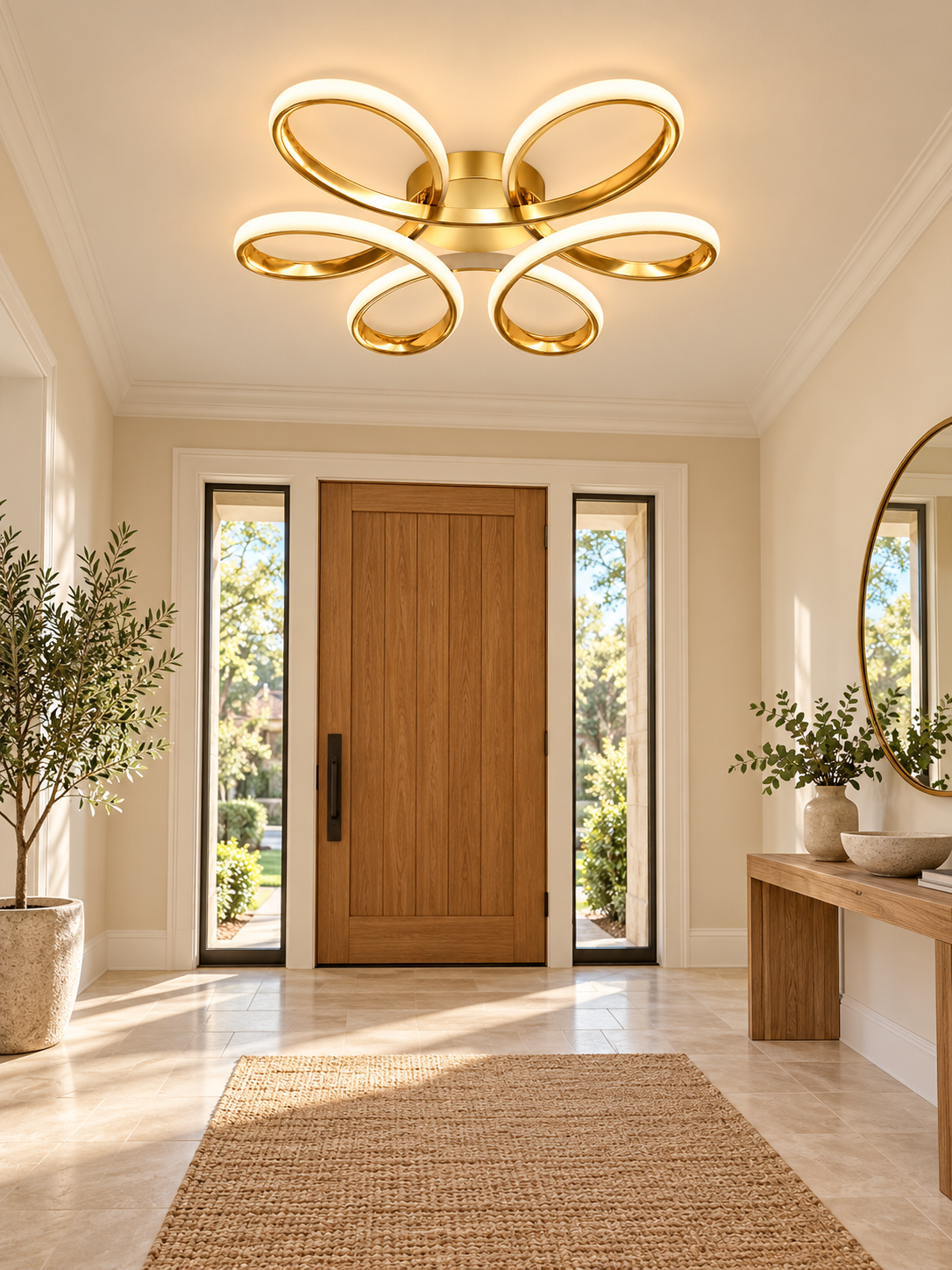 Gold flower-shaped LED ceiling light installed at residential entryway